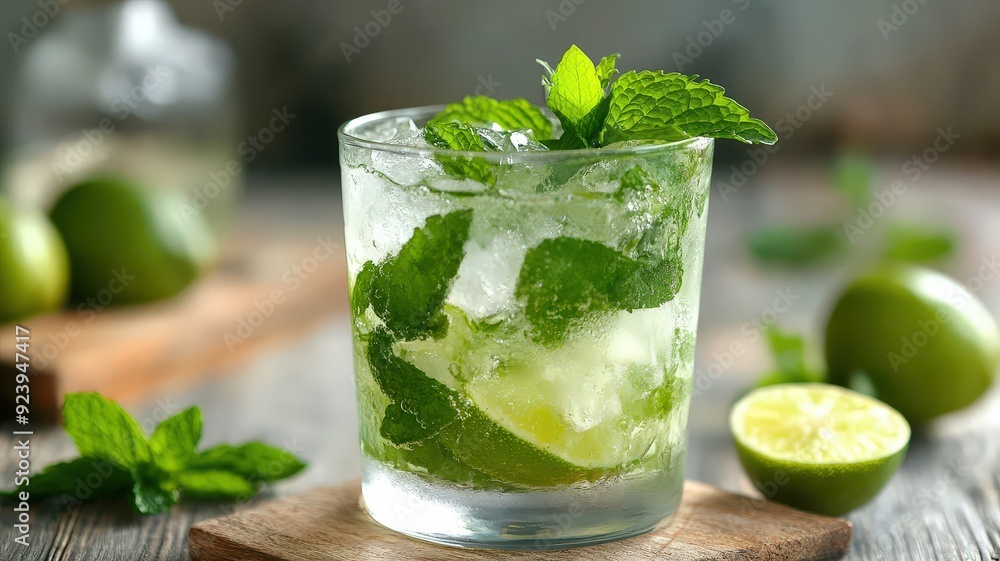 Refreshing mojito cocktail served in a glass with mint leaves and lime wedges on a wooden table Refreshing mojito cocktail served in a glass with mint leaves and lime wedges on a wooden table