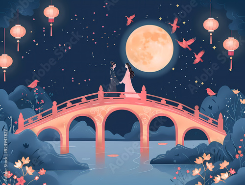 Romantic Encounter of a Couple on a Bridge Under the Full Moon on Qixi Night