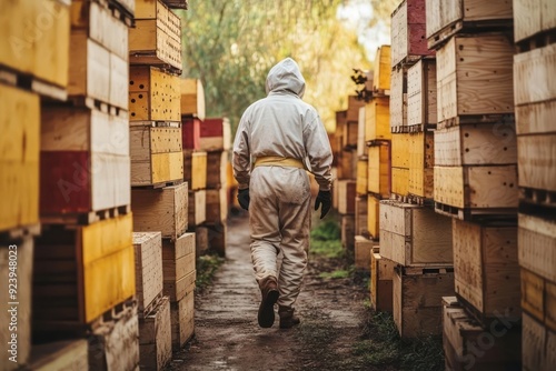 Beekeeper walking between boxes of beehives at apiary