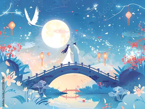 Romantic Encounter of a Couple on a Bridge Under the Full Moon on Qixi Night
