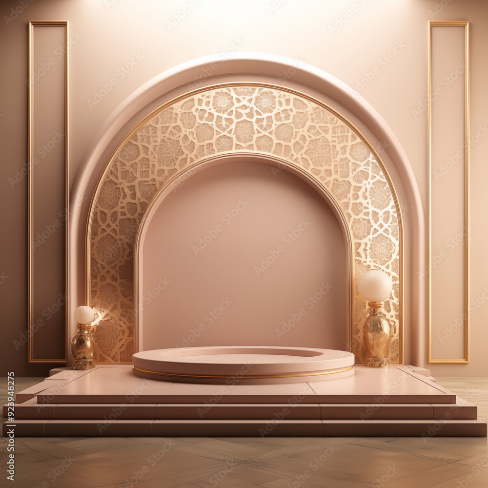 3D luxurious and elegant Islamic-themed podium. Luxury Ramadan podium for display product, presentation, stage, base 3D luxurious and elegant Islamic-themed podium. Luxury Ramadan podium for display product, presentation, stage, base