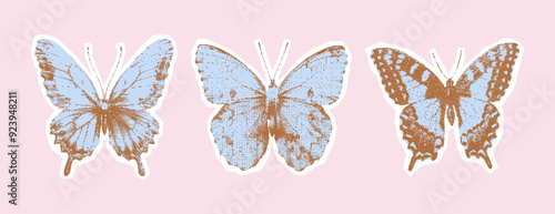 Vintage butterflies kit. Collage with a girly aesthetic. Retro bitmap scrapbooking style with cutout element. Trendy stickers for poster art or t-shirt with photocopy dotted effect.