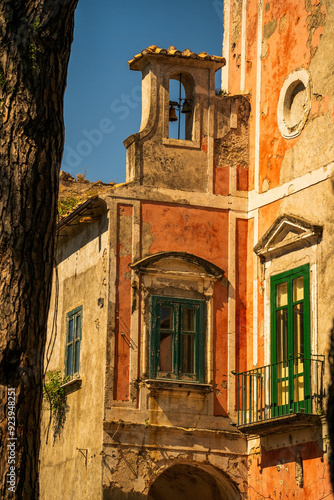 Historic Building Facade with Bell Tower and Weathered Walls, Ravello, street view, vintage, Italy