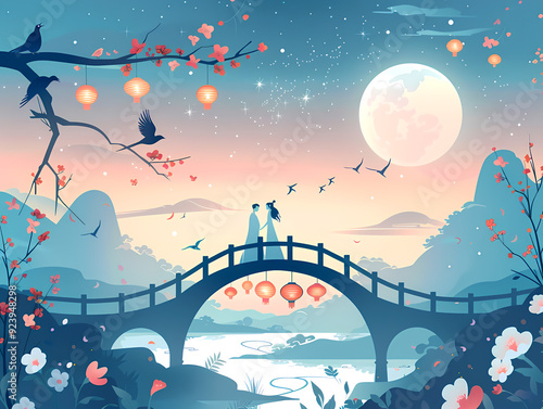 Romantic Encounter of a Couple on a Bridge Under the Full Moon on Qixi Night