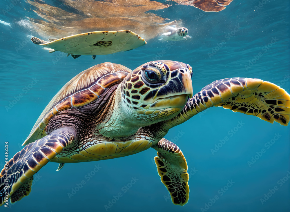 Obraz premium Graceful Sea Turtle Swimming Underwater Near Coral Reefs in Crystal Clear Ocean Water