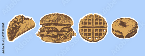 Taco, burger, waffle, donut. Contemporary Retro Surreal Collage Fruit Set. Trendy halftone clipart elements. Vintage dotted stickers.