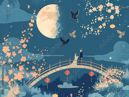 Romantic Encounter of a Couple on a Bridge Under the Full Moon on Qixi Night