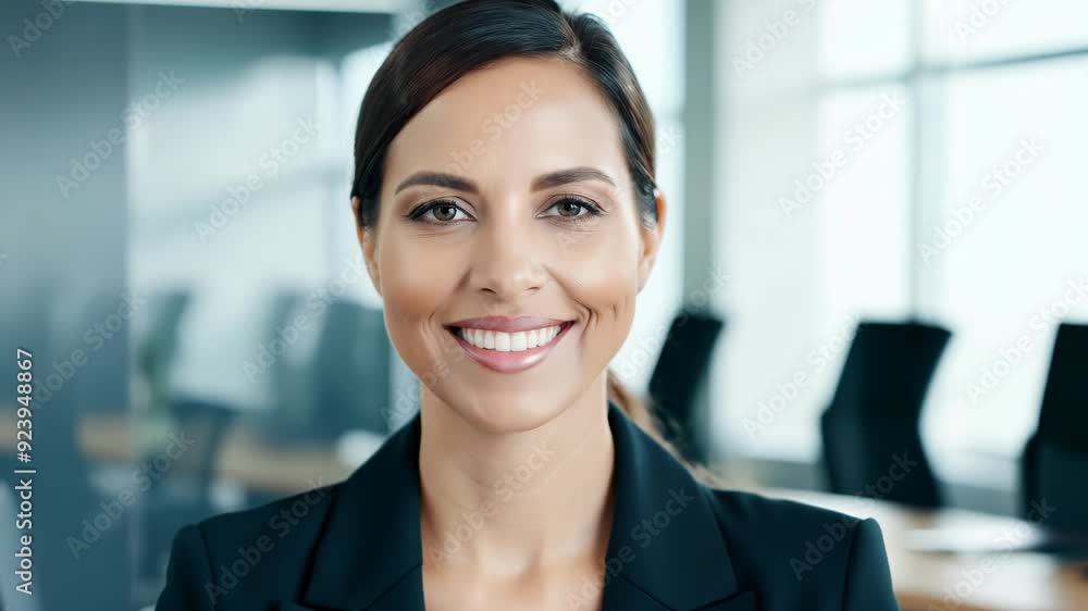 Friendly Businesswoman in Business Attire Standing in Office Friendly Businesswoman in Business Attire Standing in Office