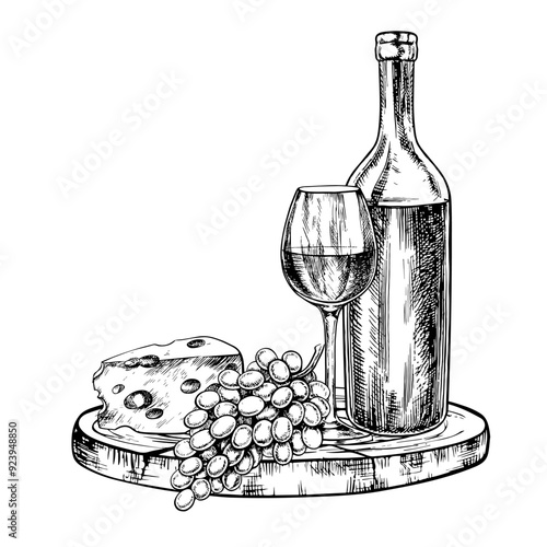 A bottle and a glass of wine with cheese and grapes. A graphic vector illustration drawn by hand. Isolate on a white background. For packages, labels. For banners and posters. For restaurants and bars