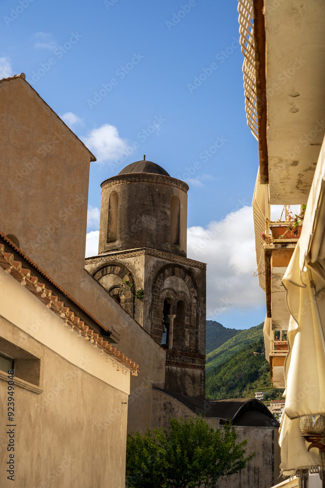 Rustic Italian Bell Tower Amid Charming Village Street of Ravello, Italy, Europe