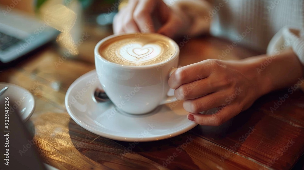 Woman s Hands Using Laptop and Drinking Coffee in Cafe Woman s Hands Using Laptop and Drinking Coffee in Cafe