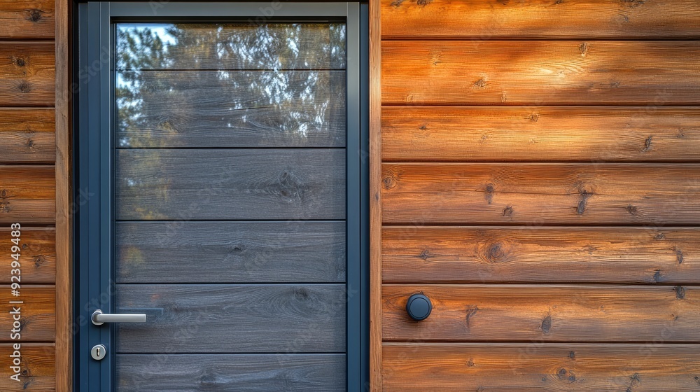 Plastic glass door with a handle in gray lamination on the wall of a wooden house , ai Plastic glass door with a handle in gray lamination on the wall of a wooden house , ai