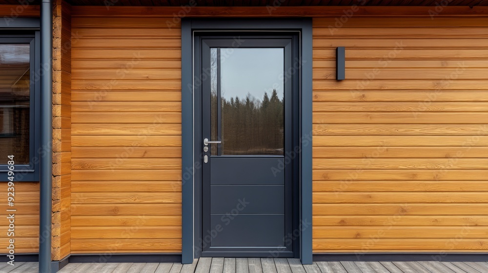 Plastic glass door with a handle in gray lamination on the wall of a wooden house , ai Plastic glass door with a handle in gray lamination on the wall of a wooden house , ai