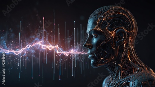 Free Photo New 3d rendering ai Robot Face working with future digital graphic interface on dark background
