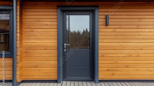 Plastic glass door with a handle in gray lamination on the wall of a wooden house , ai