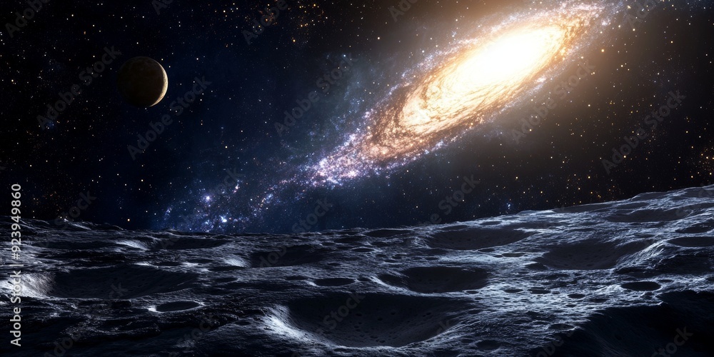 Fototapeta premium A serene view of a distant galaxy as seen from the surface of a moon, with craters in the foreground and the galaxy glowing in the distance