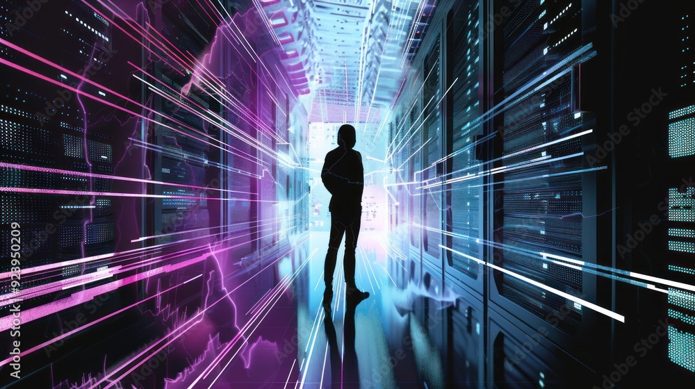 Silhouette of a Figure in a Server Room with Glowing Lines Silhouette of a Figure in a Server Room with Glowing Lines