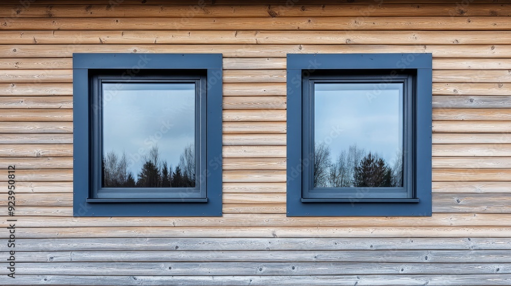Fototapeta premium Plastic windows in gray lamination on the wall of a wooden house , ai