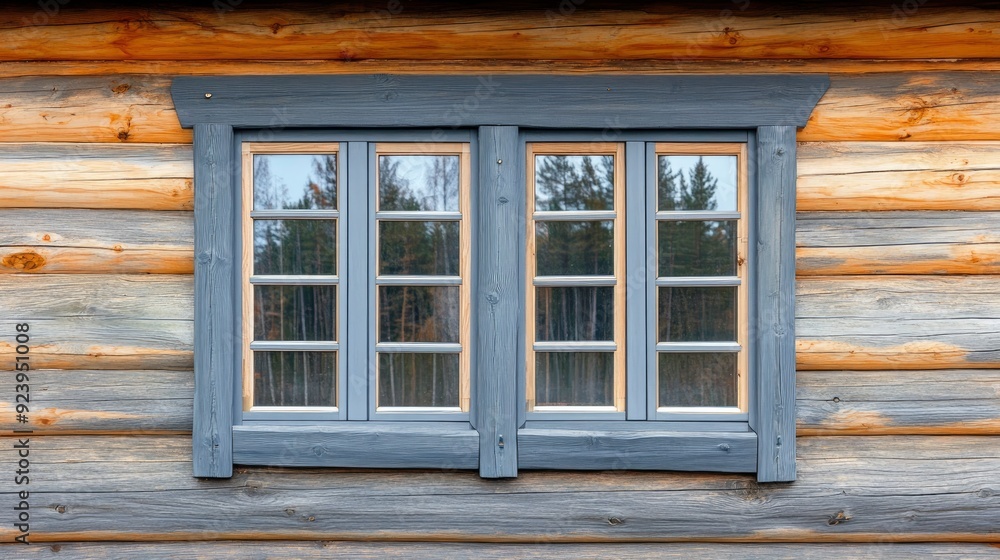 Plastic windows in gray lamination on the wall of a wooden house , ai Plastic windows in gray lamination on the wall of a wooden house , ai
