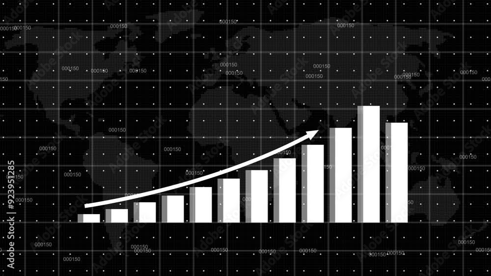 Business infographics with rising arrow and bar stats appearing. Rising bar graph following the arrow with dotted world map. 3d render. Business infographics with rising arrow and bar stats appearing. Rising bar graph following the arrow with dotted world map. 3d render.