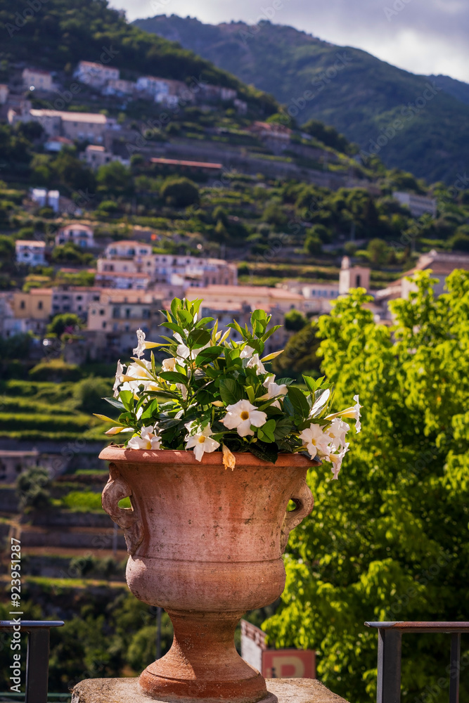 Scenic View of Mountain Village with Flower Pot in Foreground, View-point of Ravello, Italy, Europe