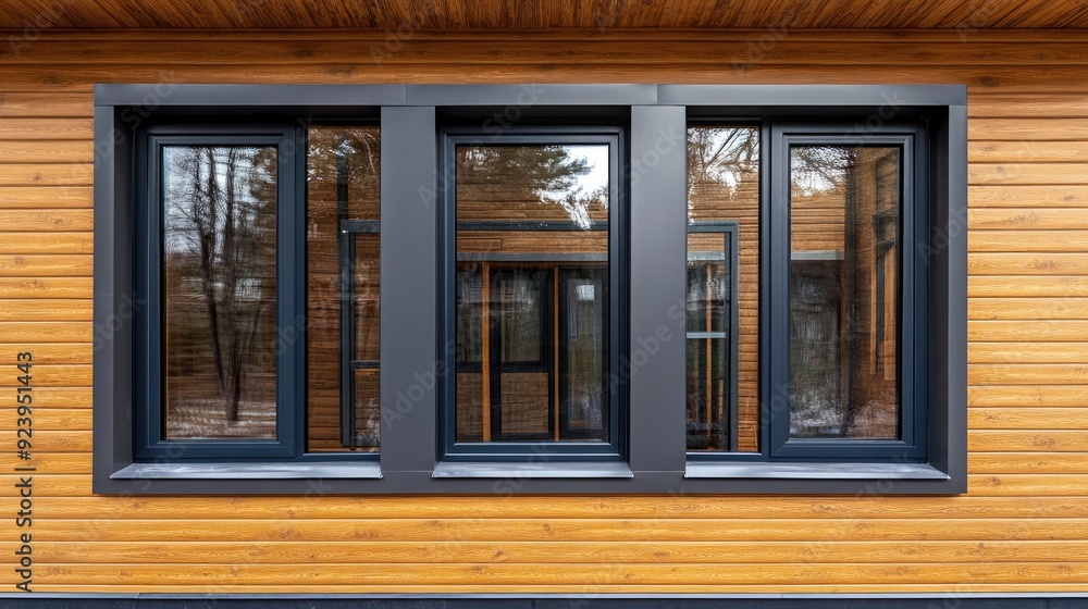 Fototapeta premium Plastic windows in gray lamination on the wall of a wooden house , ai