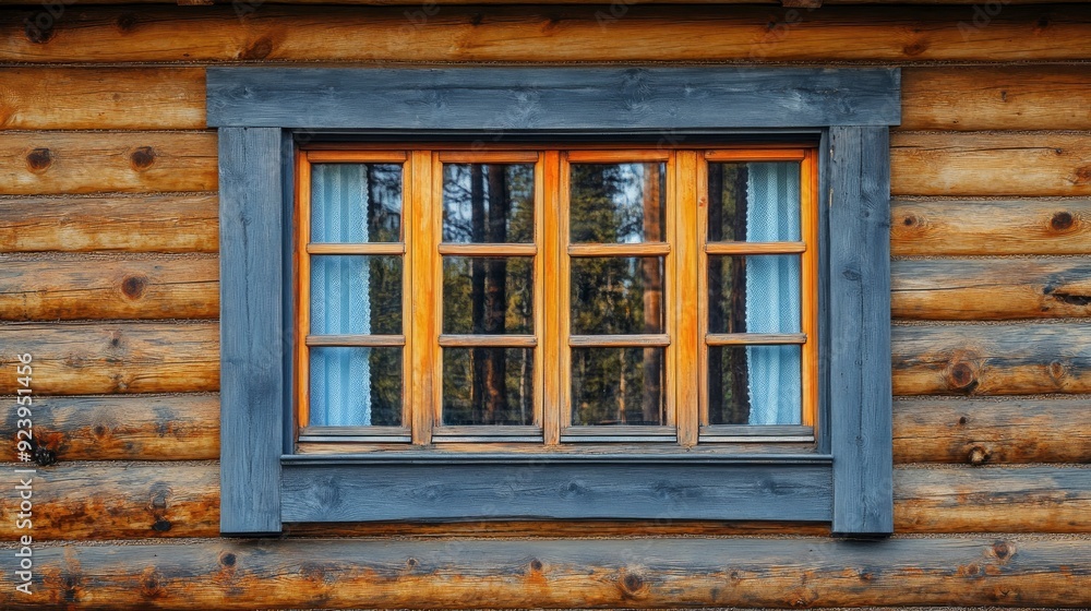 Plastic windows in gray lamination on the wall of a wooden house , ai Plastic windows in gray lamination on the wall of a wooden house , ai