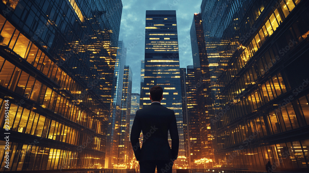 Businessman in a modern urban landscape buildings Businessman in a modern urban landscape buildings