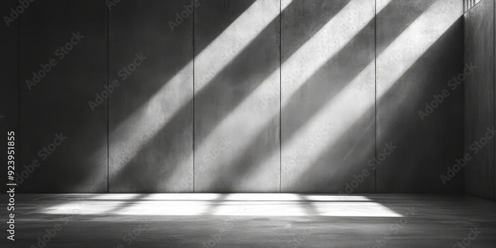 Obraz premium This setting features a minimalist design with a sleek concrete wall and floor, enhanced by dramatic lighting and shadows, ideal for striking product displays and engaging presentations
