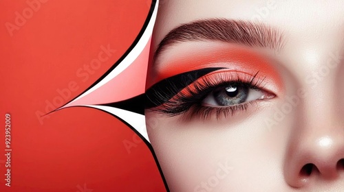 Close-up of a stunning eye featuring vibrant orange makeup and bold eyelashes against a vivid background.