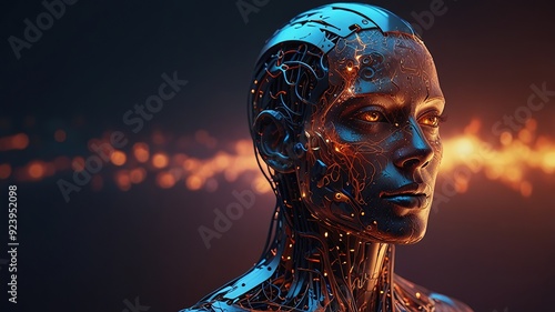 Free Photo New 3d rendering ai Robot Face working with future digital graphic interface on dark background
