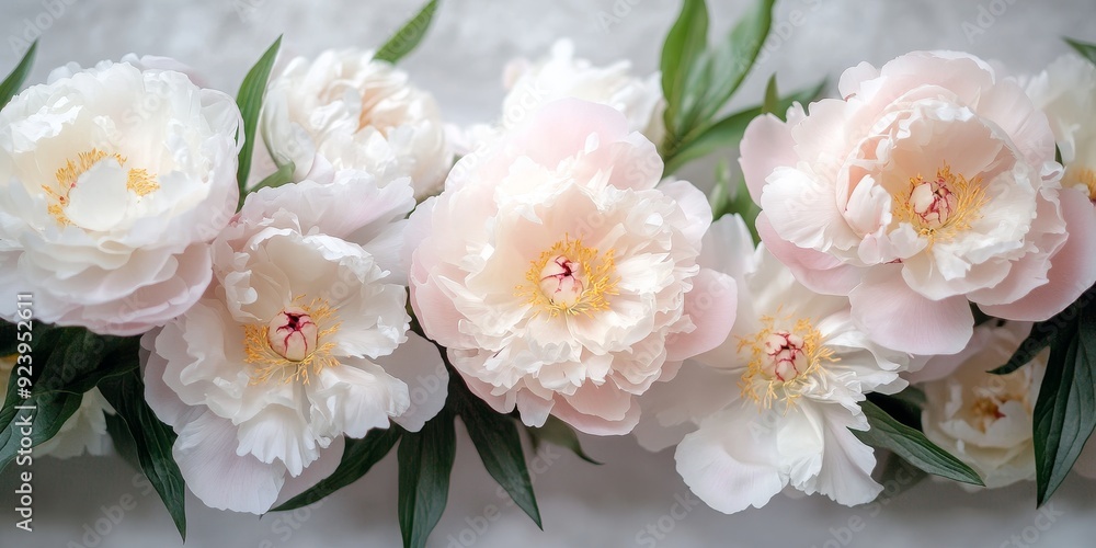 Fototapeta premium A delicate arrangement of peonies in full bloom, captured in soft pastel tones, with intricate petal details and fresh green leaves