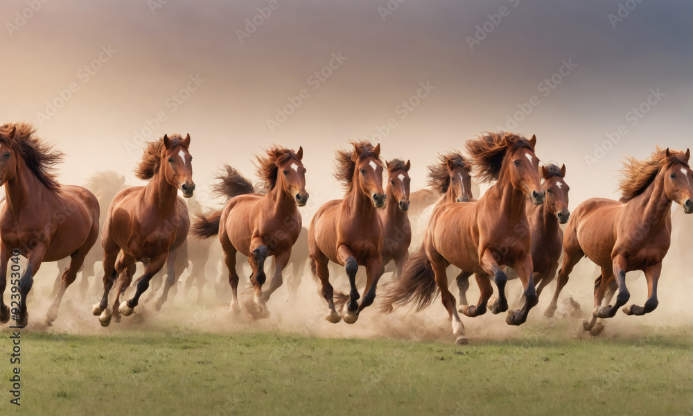 Fototapeta premium Wild Horses Galloping Across Open Fields at Dusk in a Dusty Landscape