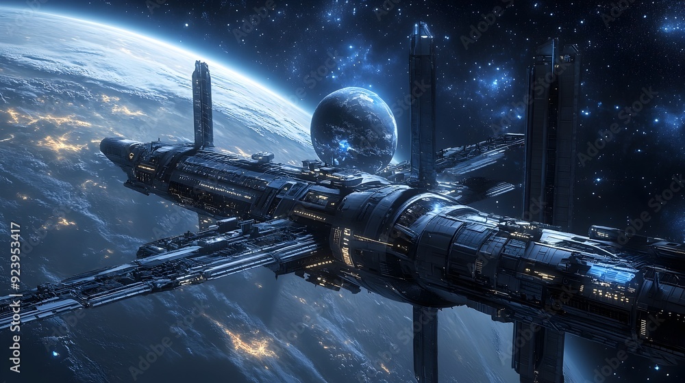 Fototapeta premium Futuristic 3D Space Station Orbiting a Distant Planet in Outer Space