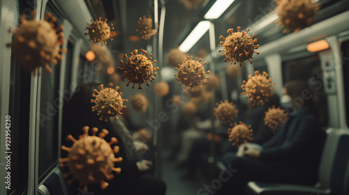  Vivid textured depiction of virus particles in public transportation setting, emphasizing health safety and pandemic awareness photo