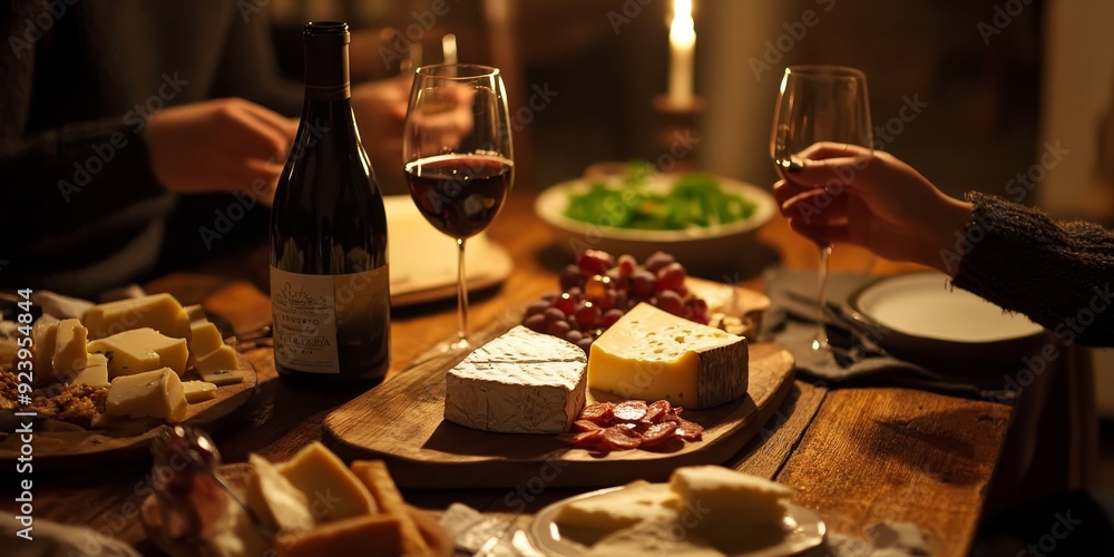 Three friends indulging in an artisan cheese and wine night in a cozy home setting Three friends indulging in an artisan cheese and wine night in a cozy home setting