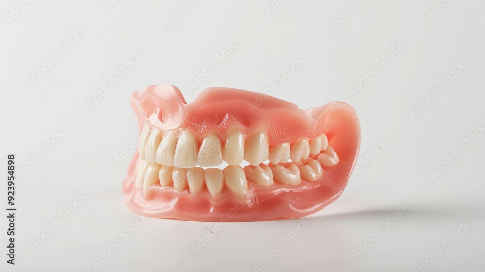 Obraz premium Close up of plastic dentures on a white background