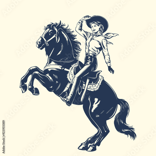 Vintage Illustration of a Cowgirl riding a Wild Horse