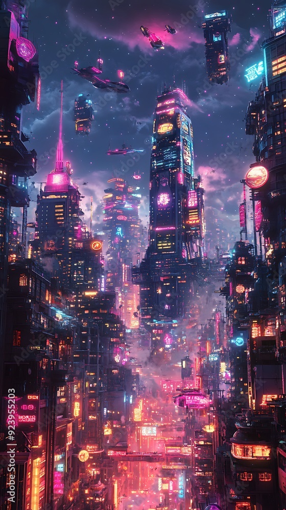 A Futuristic Cityscape at Night with Neon Lights and Flying Ships A Futuristic Cityscape at Night with Neon Lights and Flying Ships