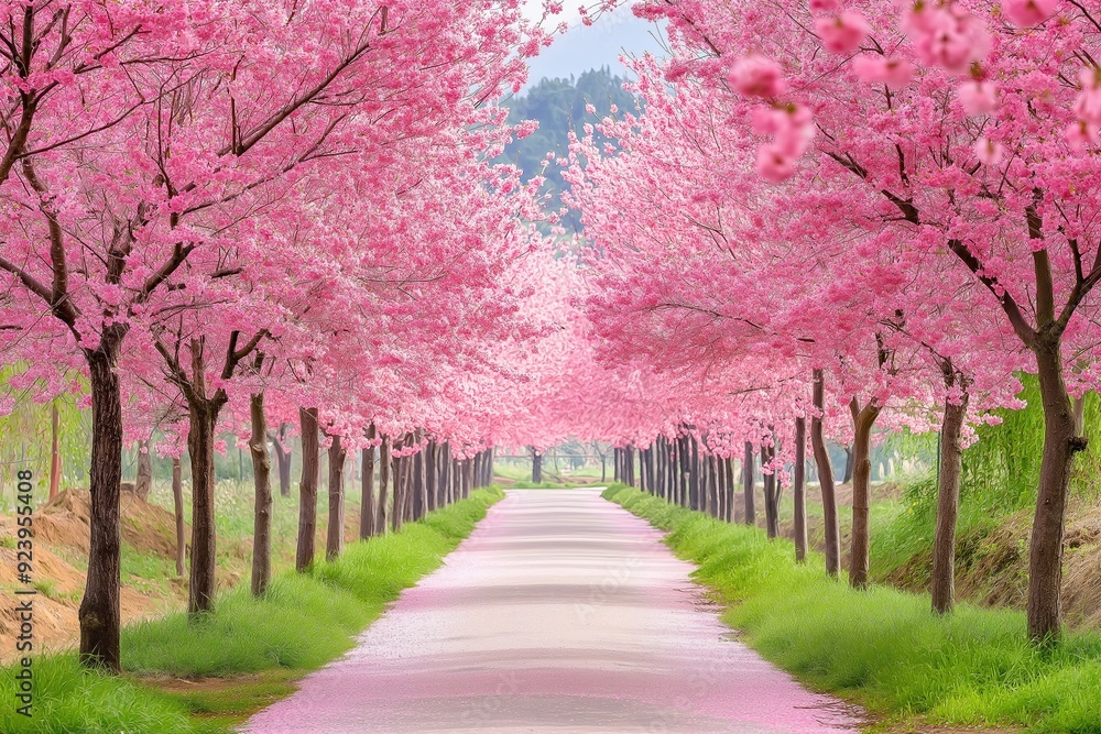 A scenic pathway lined with vibrant cherry blossom trees, creating a tunnel of pink flowers perfect for a romantic stroll A scenic pathway lined with vibrant cherry blossom trees, creating a tunnel of pink flowers perfect for a romantic stroll
