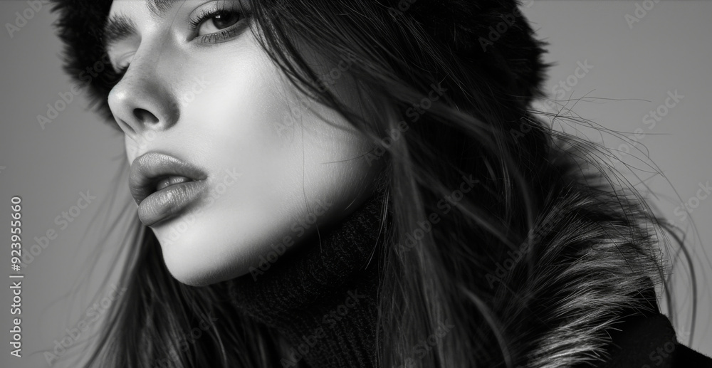 High-contrast black and white close-up of a stylish woman wearing winter apparel, capturing her confident expression and strong features. High-contrast black and white close-up of a stylish woman wearing winter apparel, capturing her confident expression and strong features.