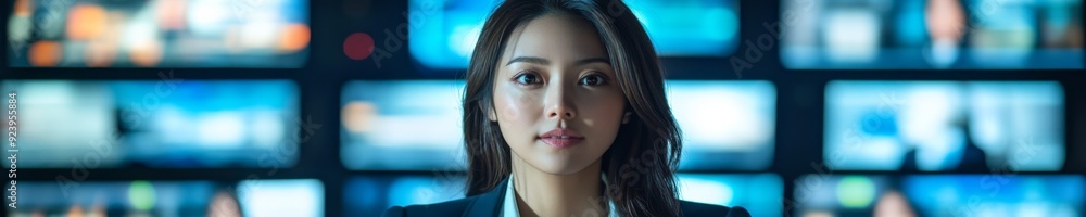 Fototapeta premium Asian Female News Anchor Seated in a Television Studio Reporting Breaking News, with a Background of Multiple Broadcast Control Room Screens AI Generation