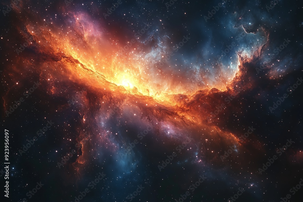Fototapeta premium A vibrant nebula glows brightly in deep space, showcasing swirling clouds of gas and dust illuminated by distant stars