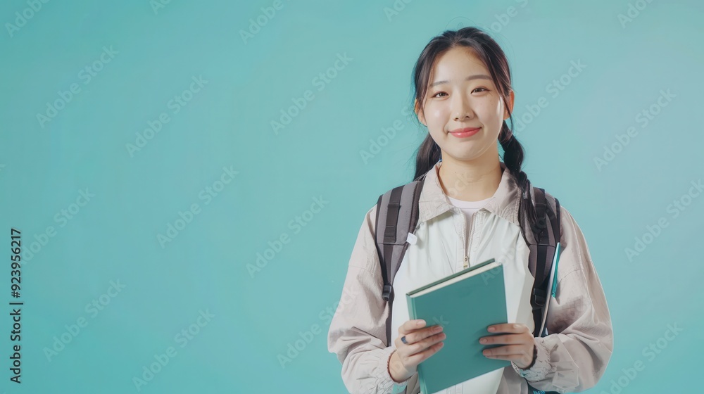 Obraz premium A young student smiles while holding a notebook, wearing a backpack, with a vibrant blue backdrop