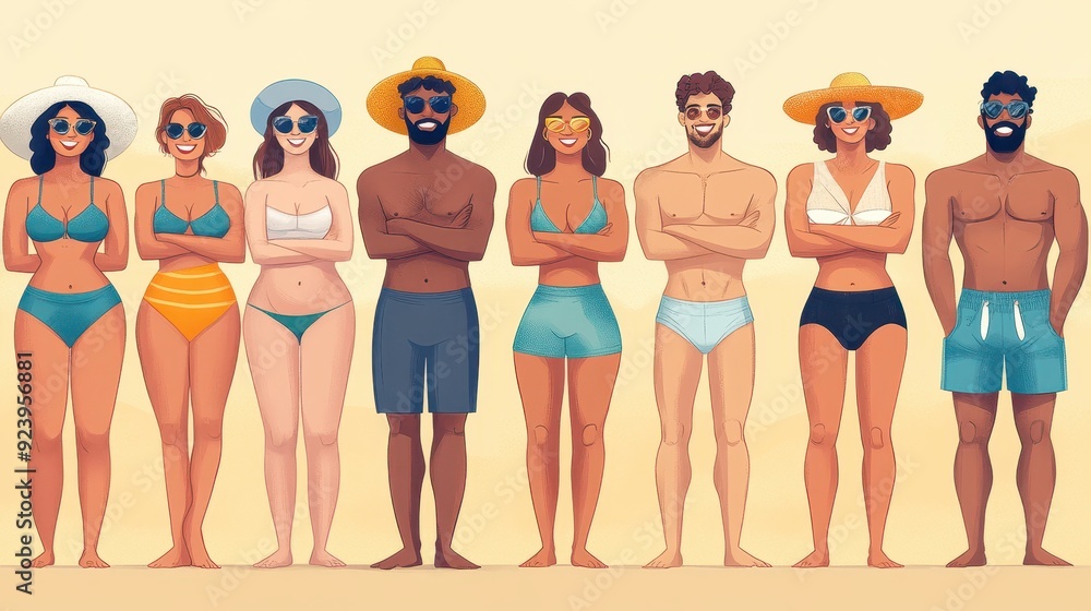 Celebrating diversity and body positivity with a happy group on a sunny beach day Celebrating diversity and body positivity with a happy group on a sunny beach day