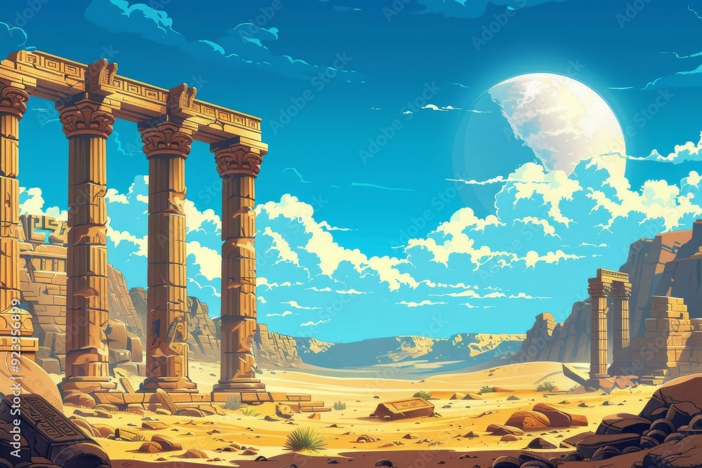 Fototapeta premium Sunset in desert with ancient columns and vibrant clouds illustrating a surreal landscape