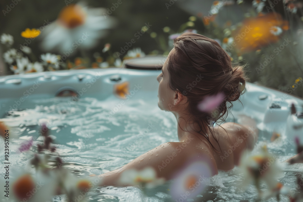 Obraz premium Relaxed woman soaking in a hot tub with flowers in an outdoor setting. Generative AI