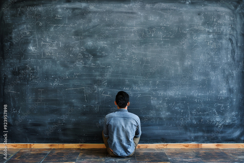 Fototapeta premium Man Contemplating Equations on a Blackboard