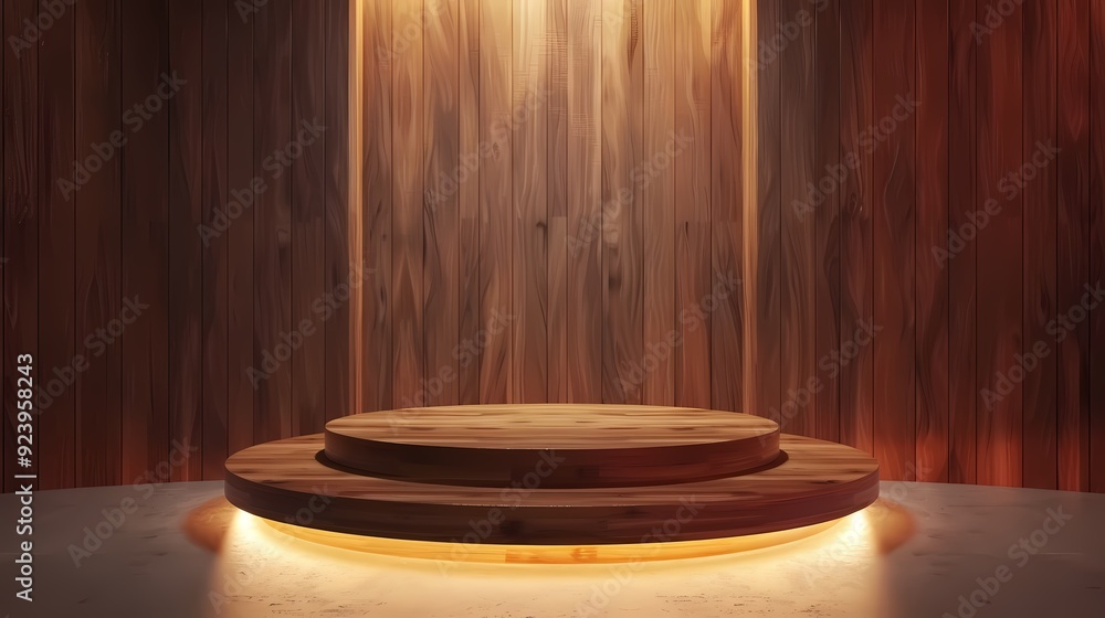 Classic 3D wooden podium with polished surface and spotlights Classic 3D wooden podium with polished surface and spotlights