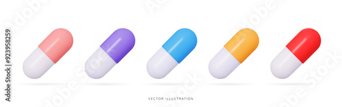 3D Set of color medical pills. Oval capsule shaped tablets. Vitamins and antibiotics for health. Healthcare and medicine. Pharmacy drug. Cartoon icons isolated on white. 3D Vector illustration